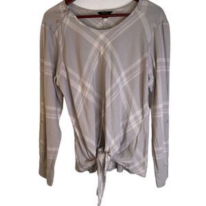 Hayes Womens L Soft Textured Windowpane Plaid Light Gray Self Tie Waist Blouse